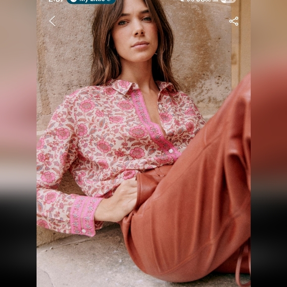 Sezane Pierro Silk/Cotton Blue Floral Button-Up Blouse - Picture 5 of 7